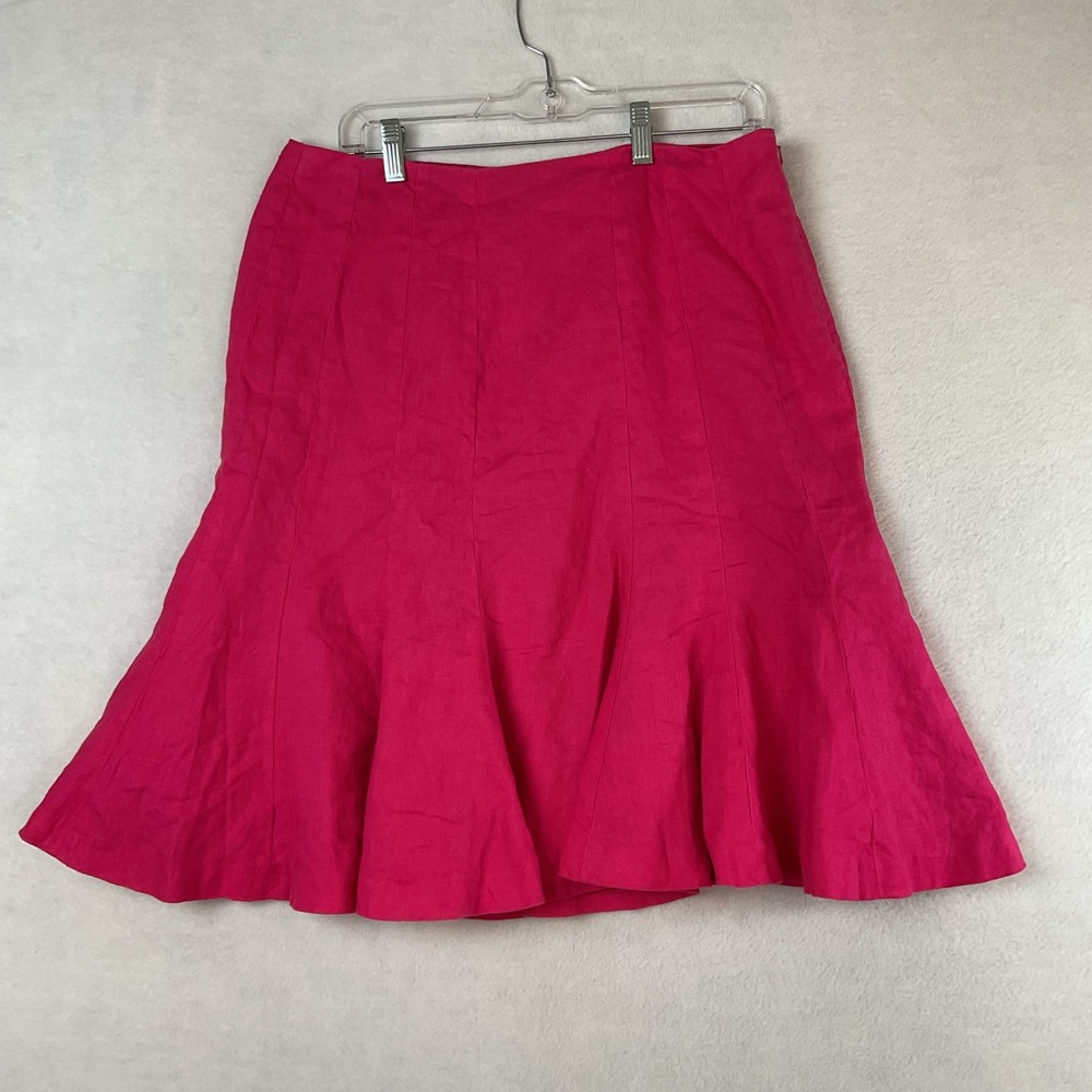Chaps Womens Pink 100% Linen Flared Midi Skirt Size 10 Fuchsia Side Zip Summer